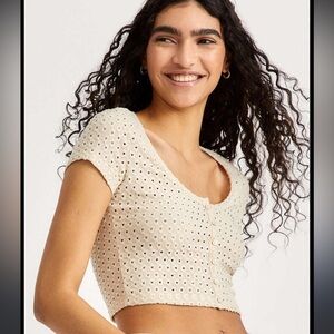 H&M -Eyelet Crop, Short Sleeve Button Down Top